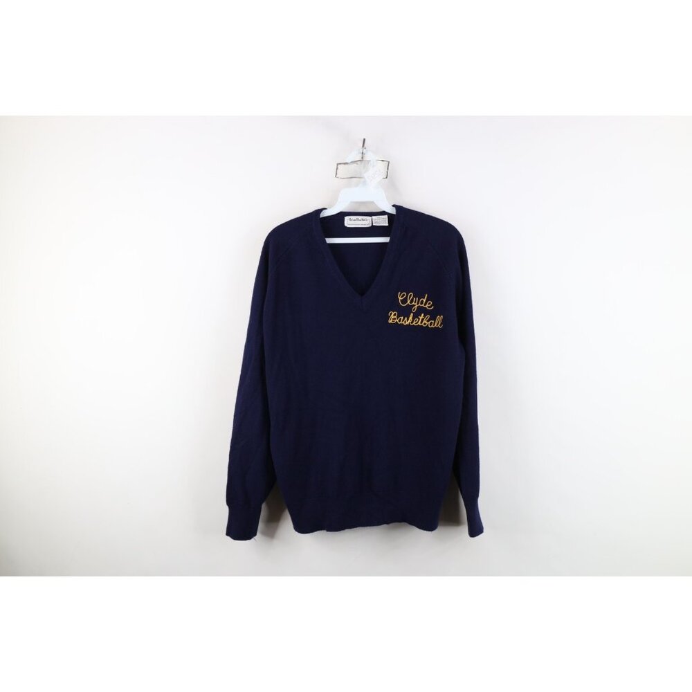 Vintage 70s Streetwear Womens Large Chain Stitch Basketball Knit Sweater Blue
